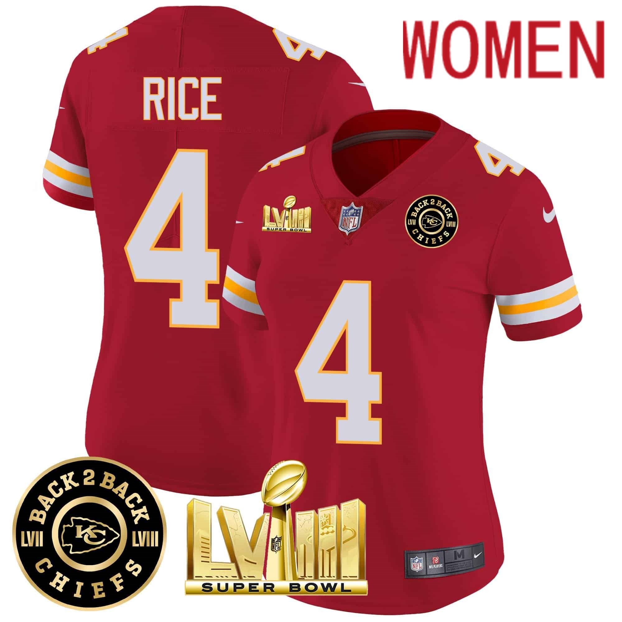 Women Kansas City Chiefs #4 Rice Red 2024 Nike Super Bowl LVIII & Back-2-Back Patch Vapor NFL Jersey style 3